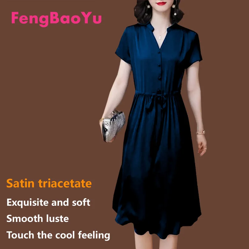 

Fengbaoyu Triacetate Satin Spring Summer Lady Short-sleeved V-neck Skirt Tie Medium Long Skirt Light Luxurious Silk Slippery 5XL