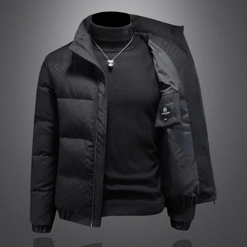 Winter Men's Plaid Jacquard down Jacket Collarless Warm Coat White Duck Feather Outerwear for Cold Weather