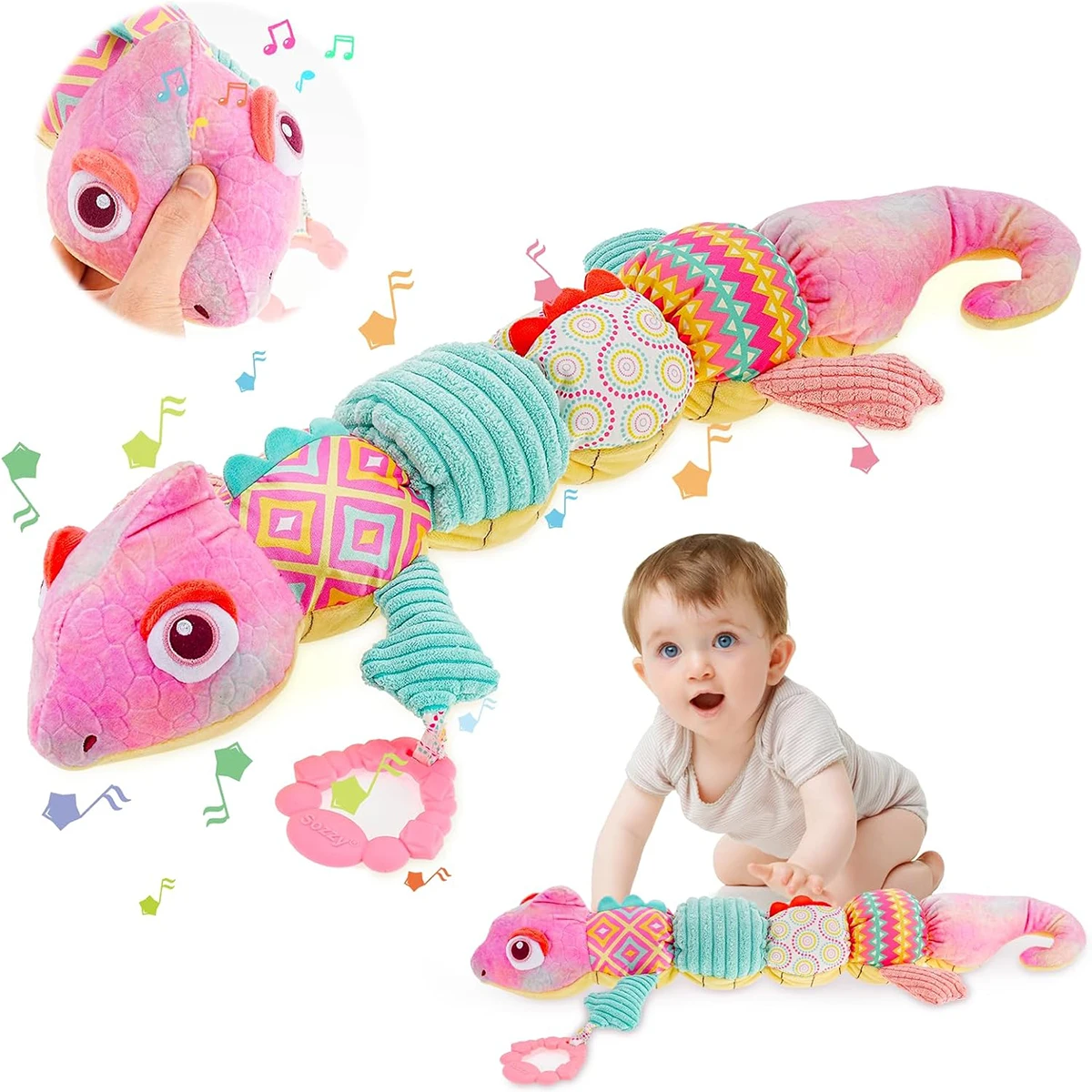 Musical Chameleon Stuffed Animal Toys com Régua Design e Anel Bell para Recém-nascidos Crianças, Infante, 1Pc