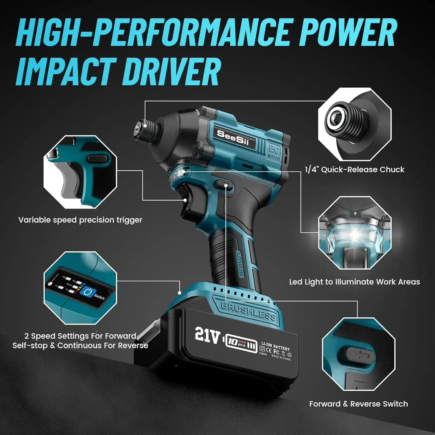 SeeSii Electric Screwdriver Cordless Wireless Impact Driver Kit 21V Brushless 2200 In-lbs 1/4' Hex Chuck 0-3000RPM Variable Speed With 2*4.0Ah Batteries 20Pcs Driver Bits LED Light