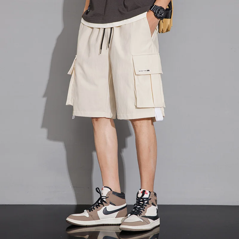 Safari Style Straight Loose Casual Shorts Men's Clothing Solid Color Basic Summer Drawstring Fashion Pockets Spliced Knee Pants