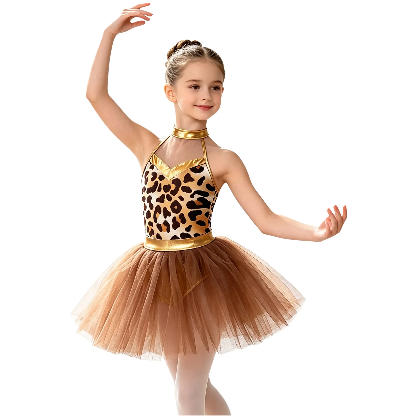 Glänzendes Metallic-Ballett-Tutu-Kleid für Mädchen mit Tier- und Leopardenmuster für Tanzwettbewerbe und Aufführungen – Detail 8