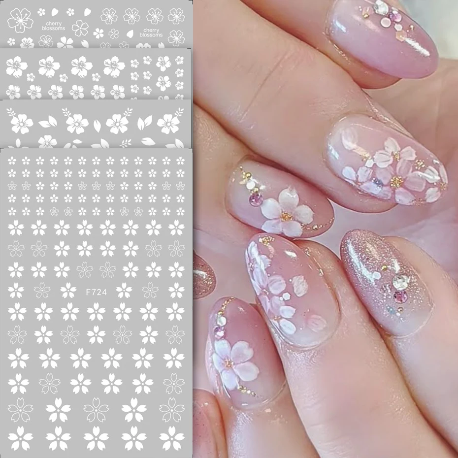 Kirschblüte 3D Nagelaufkleber Weiße Blütenblätter Nail Art Aufkleber Elegantes Hochzeitsdesign Frühling Sakura Maniküre Slider Dekor