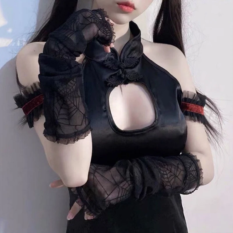 Women Sexy Elbow Tulle Length Punk Fingerless Arm Warmer Goth Black Cosplay Accessories Emo Fishnet Mesh Party LACE Long Gloves