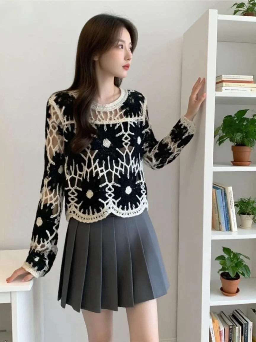 

Женский пуловер с длинным рукавом и круглым вырезом в виде крыла летучей мыши, укороченный топ, вязаный крючком, свободный свитер с цветными блоками