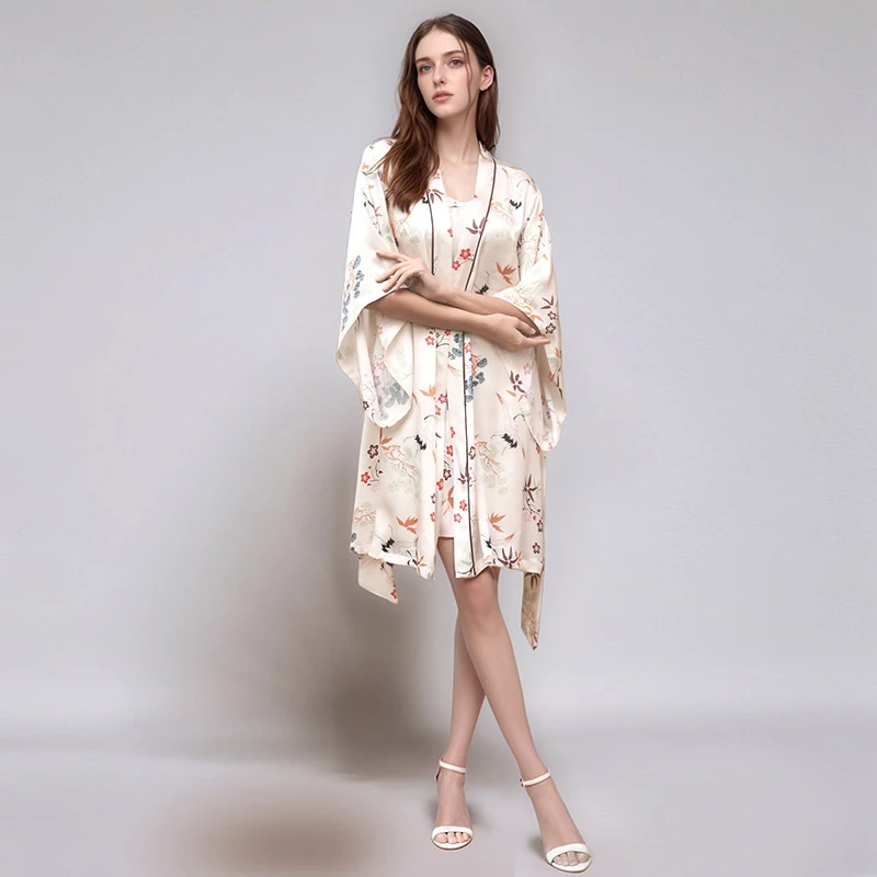 Winsleter-16MM 100%Real Silk Elegant Night-robe Set, Floral Print, Women Sexy Sleeping Robe Sling Dress, 2025 Autumn S5O865CC