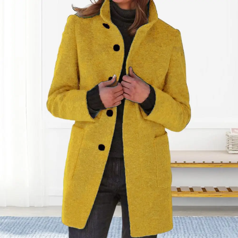 Autumn Winter Women Jacket Single-breasted Long Sleeves Loose Coat Pockets Mid Length Commuting Overcoat