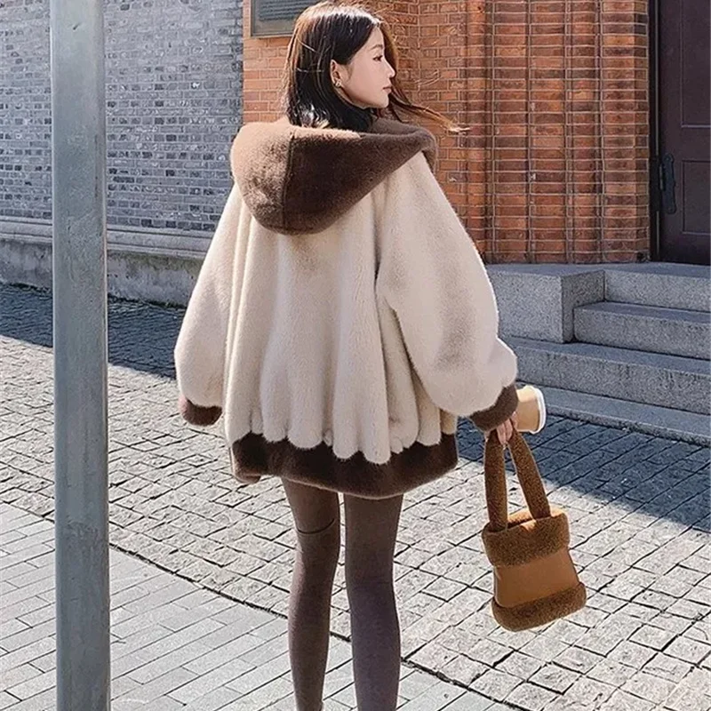 Autumn Winter Mink Fur Coat Women 2024 New Fashion Loose Casual Hooded Cotton Jacket Thicken Warm Pure Colour Outerwear Female