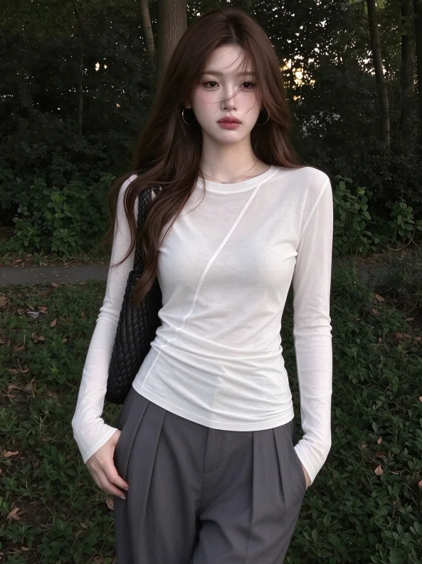Korean Style Irregular Fishbone White Long Sleeve Women's T-shirt Autumn Base Layer Shirt Inner Wear Outer Wear Fashionable Top