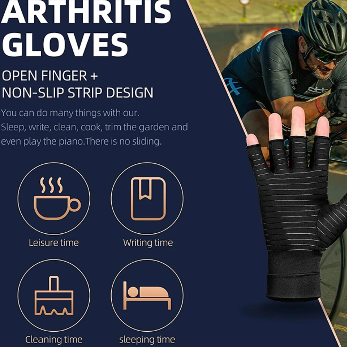 Kompressionsschutzhandschuhe, fingerlos zum Tippen, Kupferionen-Material, lindern Handanschwellungen, winterwarm, schwarz, für Radfahren – Detail 5