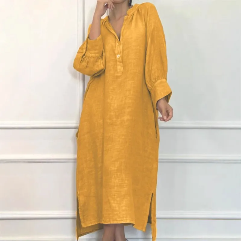 

Cotton Linen Long-sleeved Women's Dresses New Spring Autumn V-Neck Button Pocket Long Dress Loose Casual Female Slit Dress