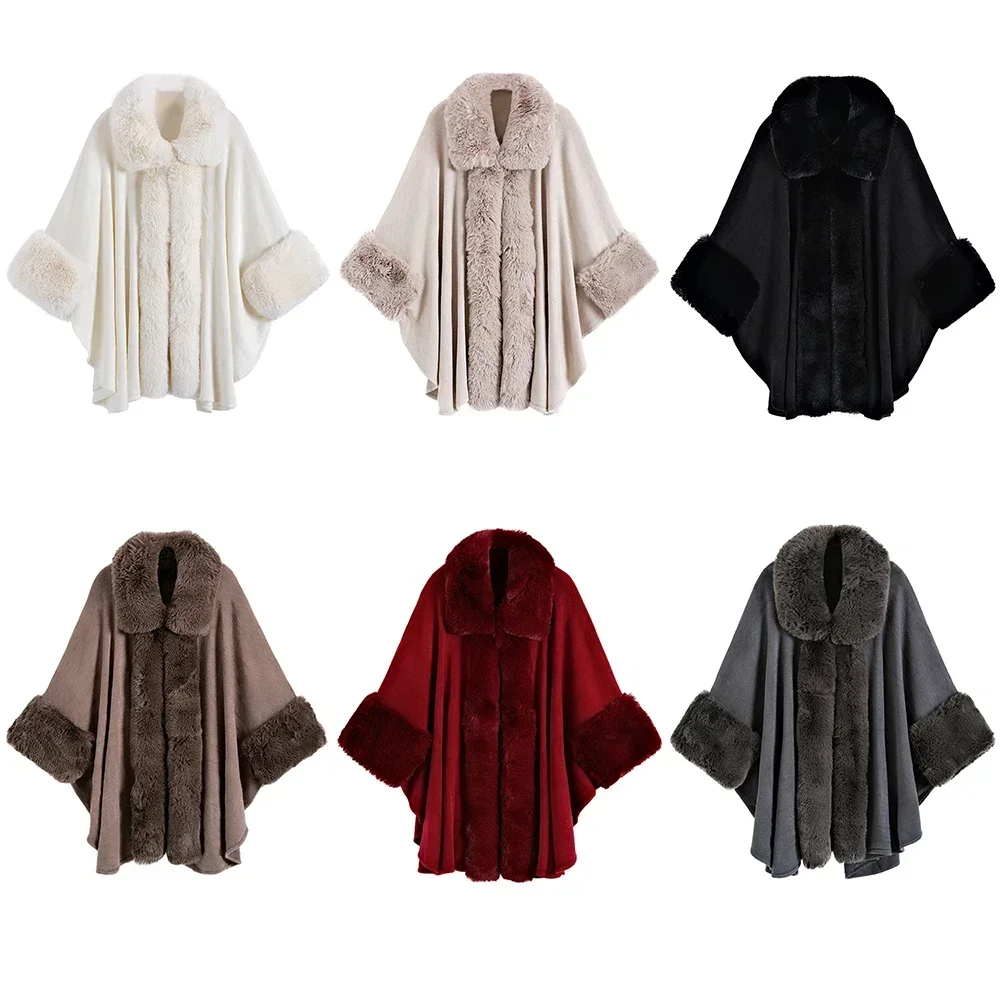 

Elegant Faux Fur Trim Poncho Coat for Women Warm Square Collar Synthetic Fiber Cape Soft Winter Shawl Fashionable Cozy Wrap