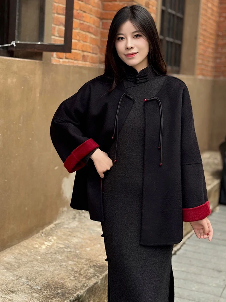 

Новое китайское шерстяное пальто ручной работы из шелка Линлун, двустороннее, свободного кроя, с высоким воротником, коротким рукавом и низким разрезом, длинное