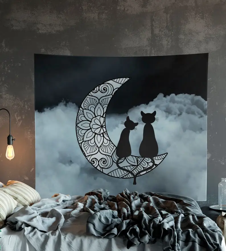 Black Cat Tapestry Blue Moon Tapestry Wall Hanging Meditation Yoga Grunge Hippie