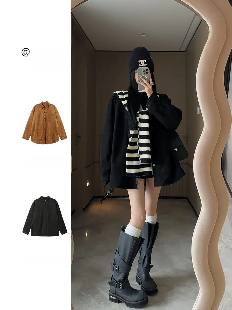

Thiened Winter Suede Coat Women's Casual Loose Lapel Outerwear Faionable Polyester Fiber Long Sve Color Coat