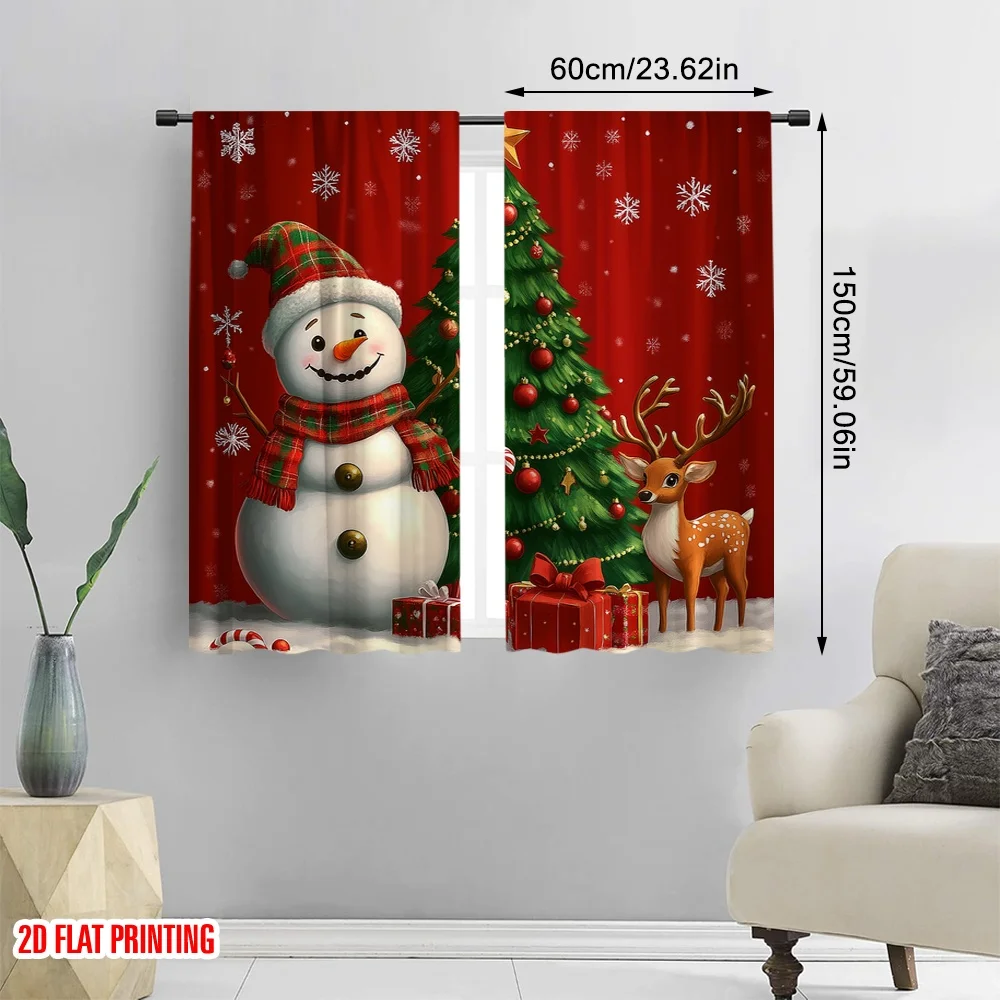 2pcs,2D plane printing Light Filtering Curtains Christmas Tree Snowman Deer Holiday Versatile Durable Polyester (without rod)