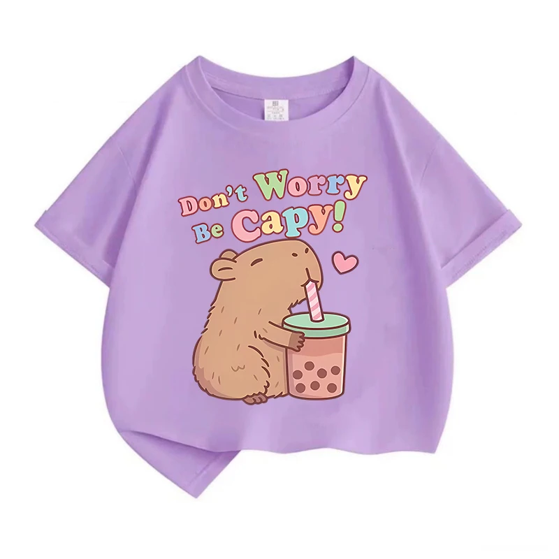 Capybara Girl Cotton T Shirt Don't Worry Be Capy Kids Tees Short Sleeve Cute Baby Clothes Summer Cartoon Print Toddler Tops