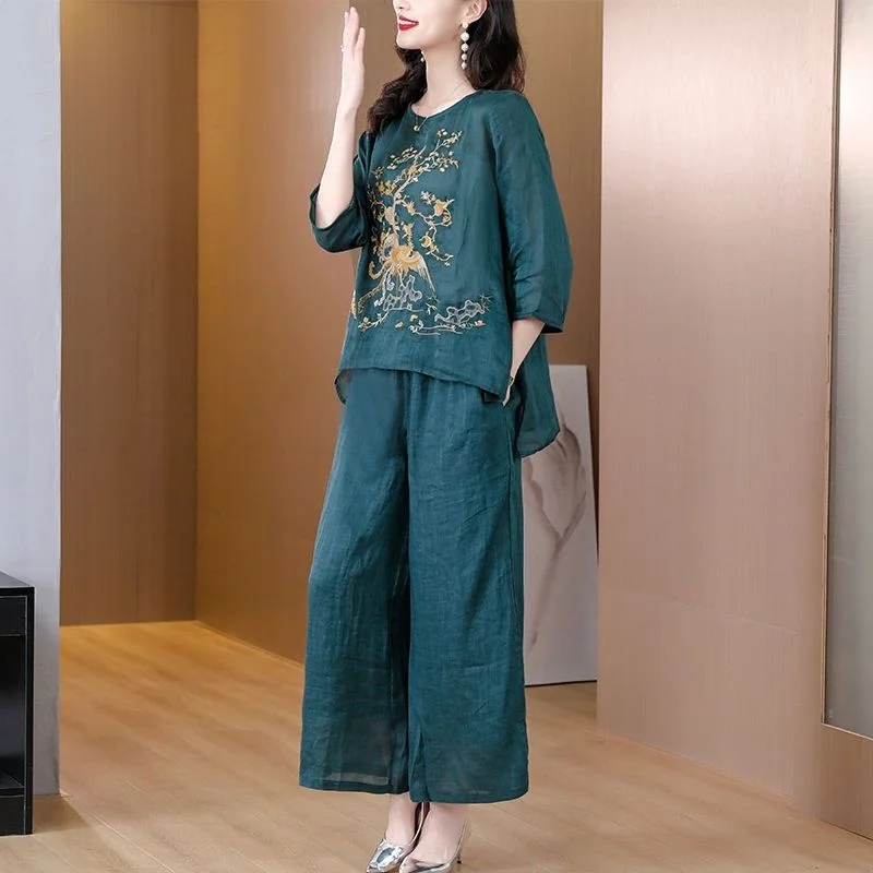 

Женский этнический комплект из вышитого льняного полотна: свободная блузка с рукавом 3/4 и брюки с широкими штанинами, большие размеры