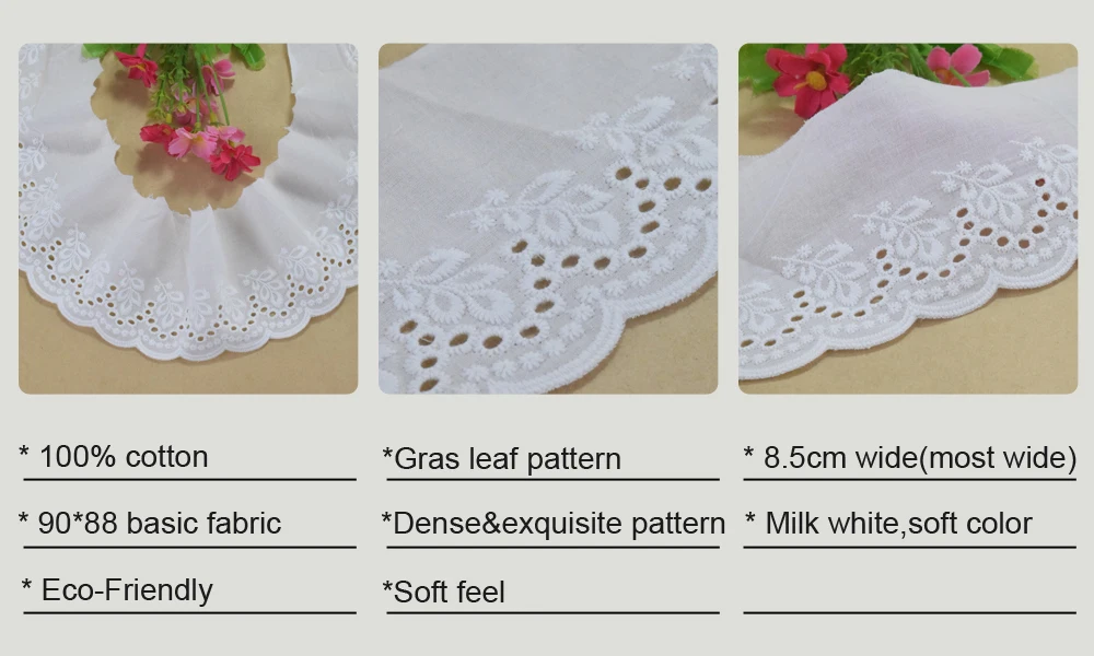 100% Baumwolle Stickerei 8,5 cm breite weiße Spitze Nähband Trim Stoff DIY Handwerk Lieferant Hochzeits kleid Accessoires #4336 – Detail 1