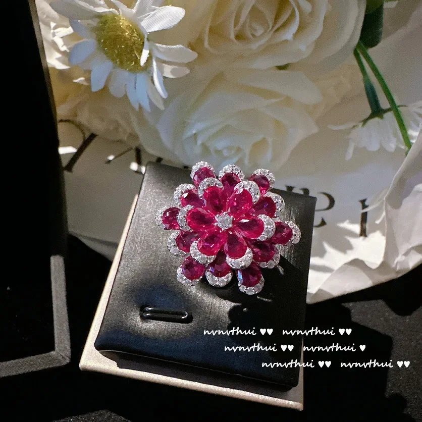 Women\'s New Fashion Jewelry Sterling 925 Silver Delicate Red Zircon Flower Pendant Necklace Earrings Ring Bracelet Set for Women