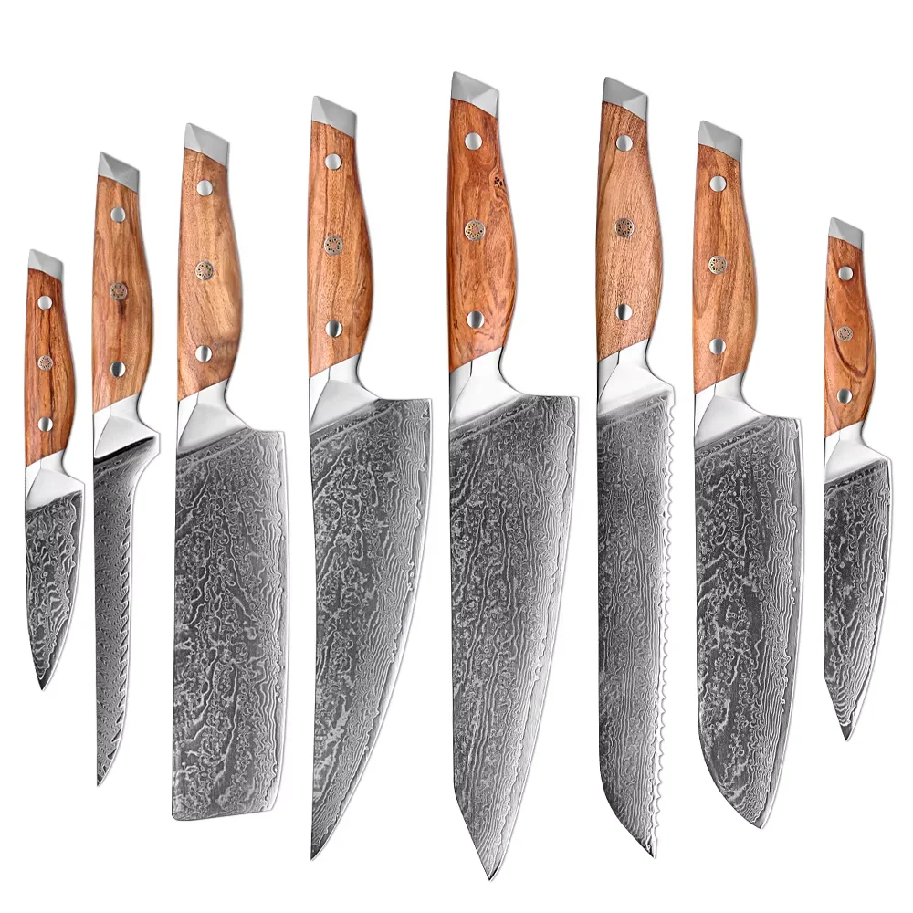 Damascus Steel Kitchen Knives Set 1-8pcs Chef Knife Cutting Professional Sharp Chef Knife, Cleaver, Santoku,Bread, Boning & More