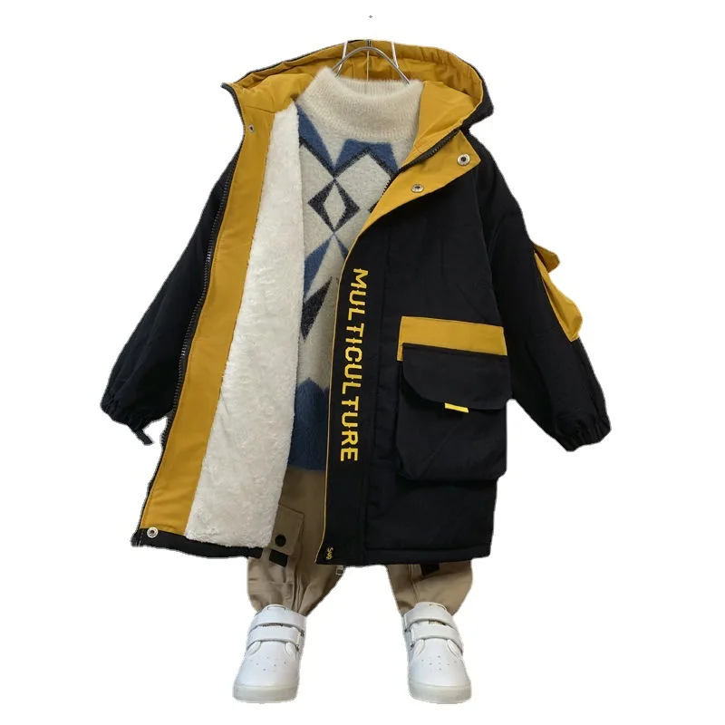 Winter Boys Warmth Contrast Fleece Padded Jackets Hooded Student Therme Long Coats Kids Parka Children Outfits For 3-13 Years