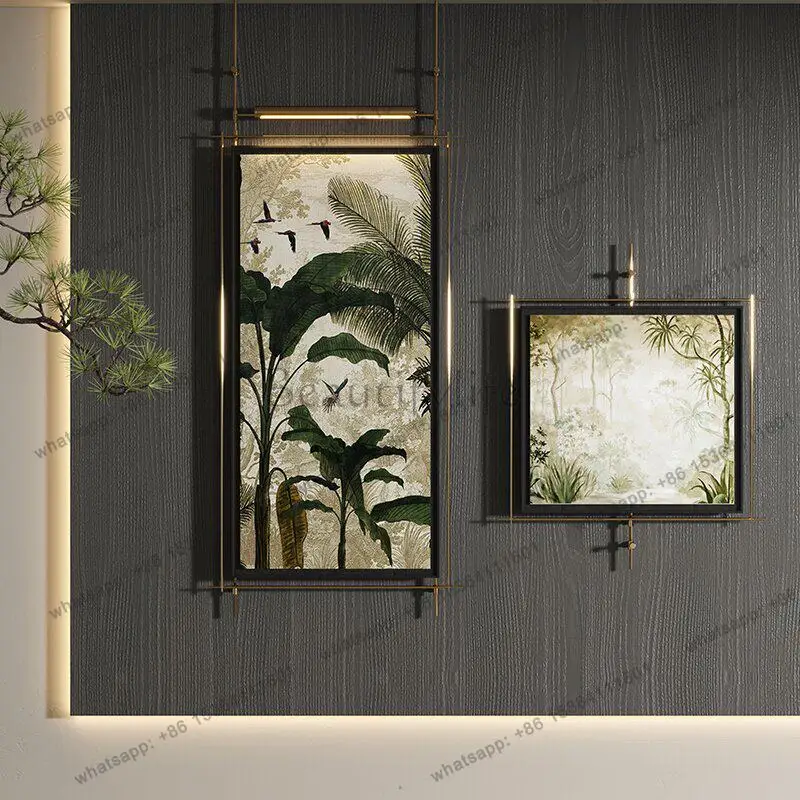 New Chinese decorative luminous mural with lamp hanging rod painting stainless steel metal