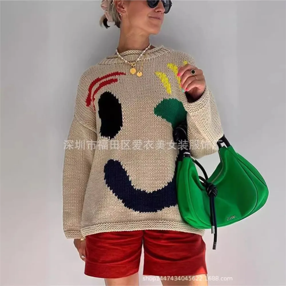 

Women's Casual O Neck Jacquard Sweater Long Sleeve Pullover Coat Autumn Winter Loose Simple Knitted Sweater Female Versatile Top