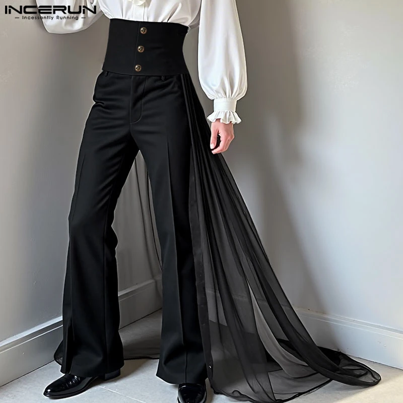 

INCERUN Men Pants Chiffon Patchwork High Waist Button Casual Trousers Men Streetwear Personality Fashion Male Long Pants S-5XL