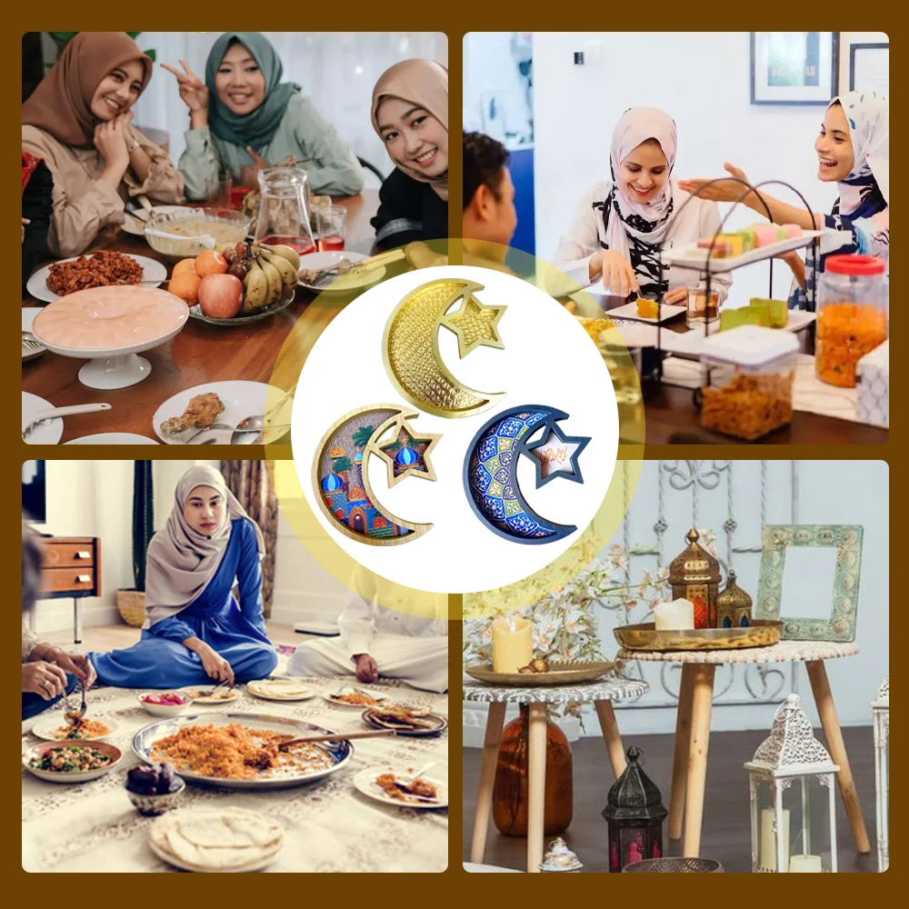 รอมฎอนตกแต่งไม้ Eid Mubarak Sun Star Moon ถาดจานอิสลามมุสลิม Party Supplies Eid Mubarak ตกแต่ง