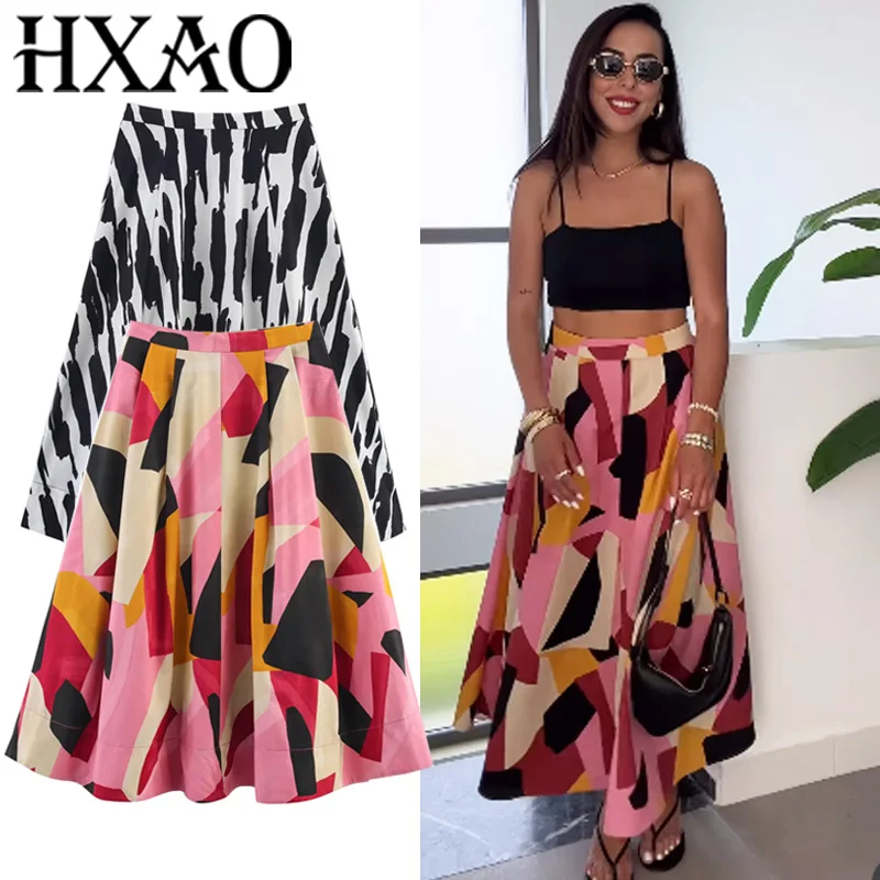 

HXAO Print Long Skirts For Women Pleats Elegant Women's Summer Skirt Vintage Black Midi Skirt High Waist Holiday Woman Skirts