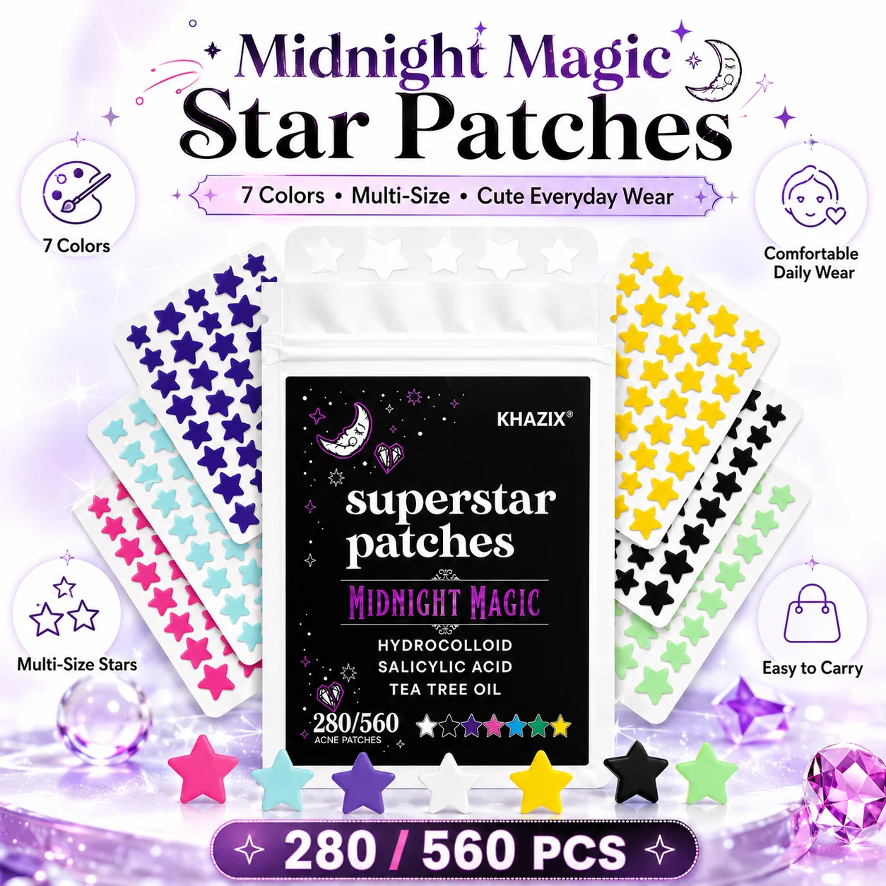 280/560 Patchs Étoiles Colorés pour l'Acné, Couvre-Imperfections Invisibles pour les Marques de Boutons, Patchs Mignons pour le Visage Unisexe