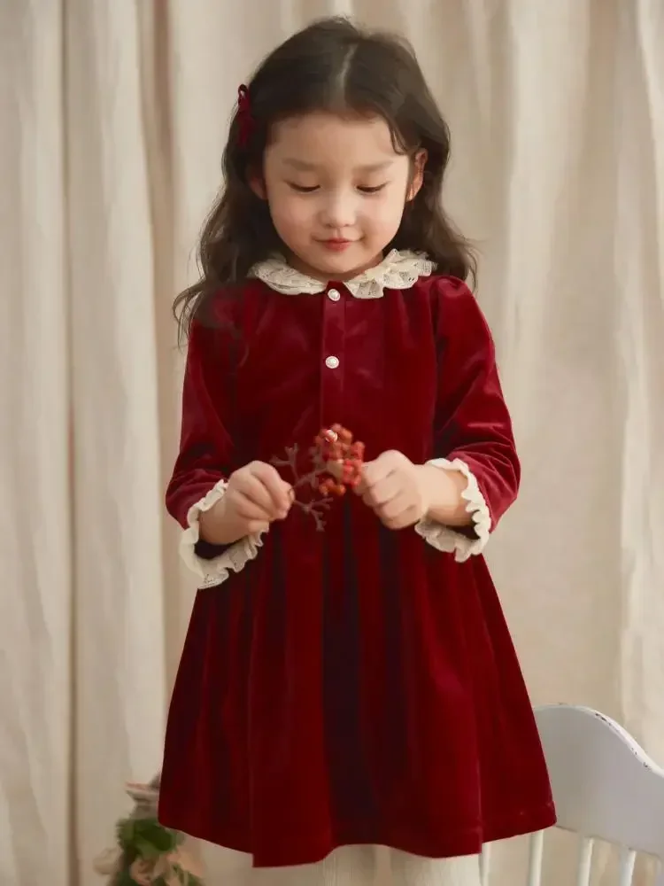 

2025 Festive Dress Girl Children's Clothes Kids Princess Vintage Lace Collar Red Velvet Dresses Infants Clothing Spring for Eid