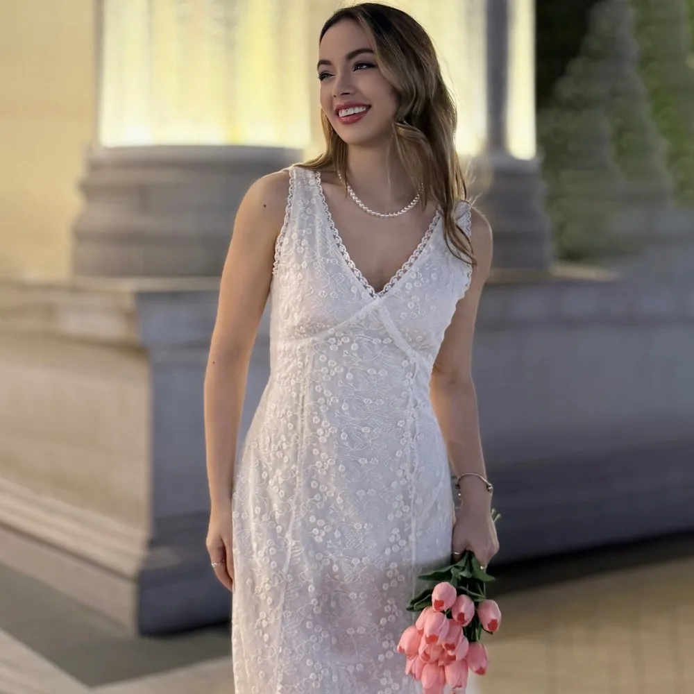 Elegante abito lungo senza maniche in pizzo donna estate telai scollo a V canotta vestito estivo donna femminile vestiti 2025 stile coreano