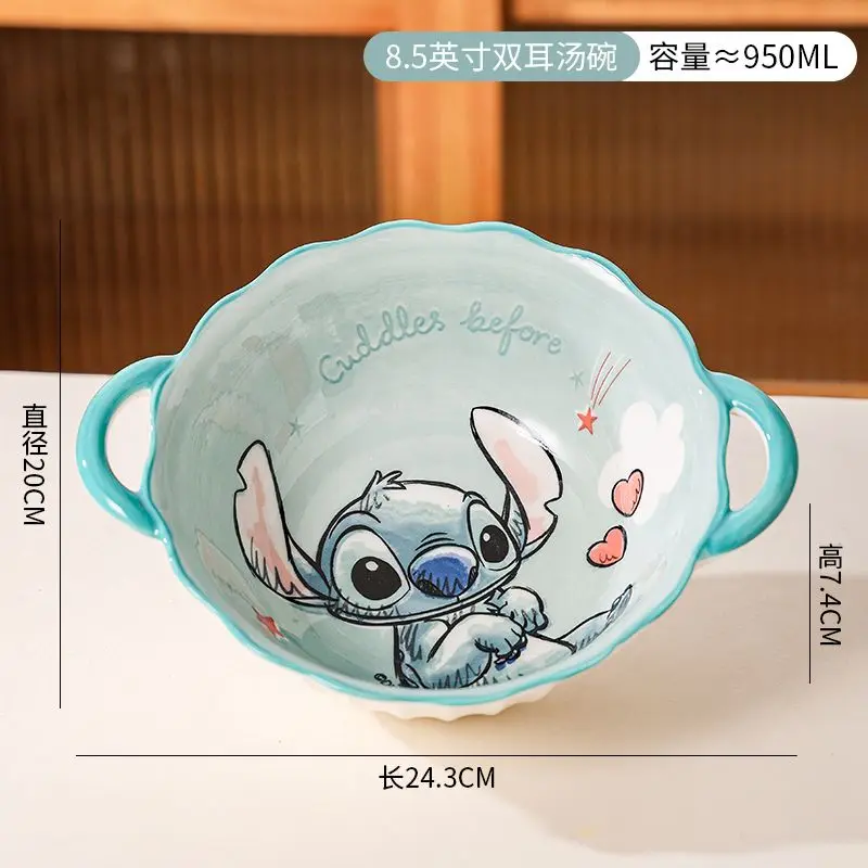 Mangkuk sup keramik lucu bergambar kartun Disney Stitch dengan pegangan ganda anti panas, peralatan makan dapur kreatif, mangkuk salad, mangkuk mie instan, hadiah