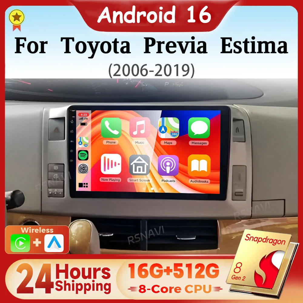 Android 16 Qualcomm Carplay Auto GPS Car Radio Multimedia Player For Toyota Previa 3 III XR50 Estima 2006 - 2019  Snapdragon BT