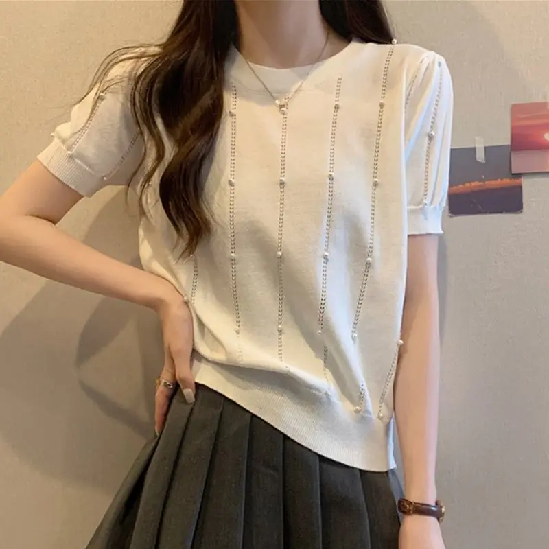 Summer French Solid Elegant Vertical Grain T-shirt Women Clothing Fashion All-match O-neck Knit Top Embroidered Flares Pullovers