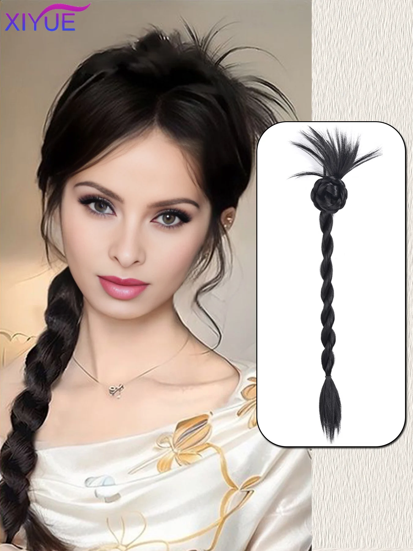 

XIYUE New Chinese Style Twisted Braid With Chicken Feather Hair Bag Claw Clip Ponytail Gentle Side-tied Braided Ponytail Wig