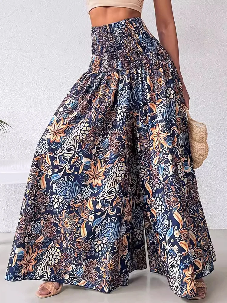 Boho Floral Print Shirred High Waist Wide Leg Pants Women 2024 Temperament Elastic High Waist Swing Long Y2k Trousers Streetwear