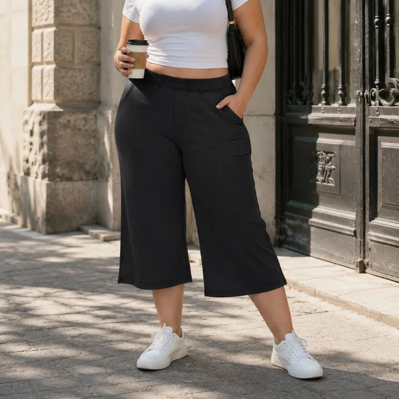 Straight Leg Capri Pants High Stretch Elastic Waist Cropped Trousers Soft Casual Summer Wide Leg Style for Plus Size Women8XL9XL view 4