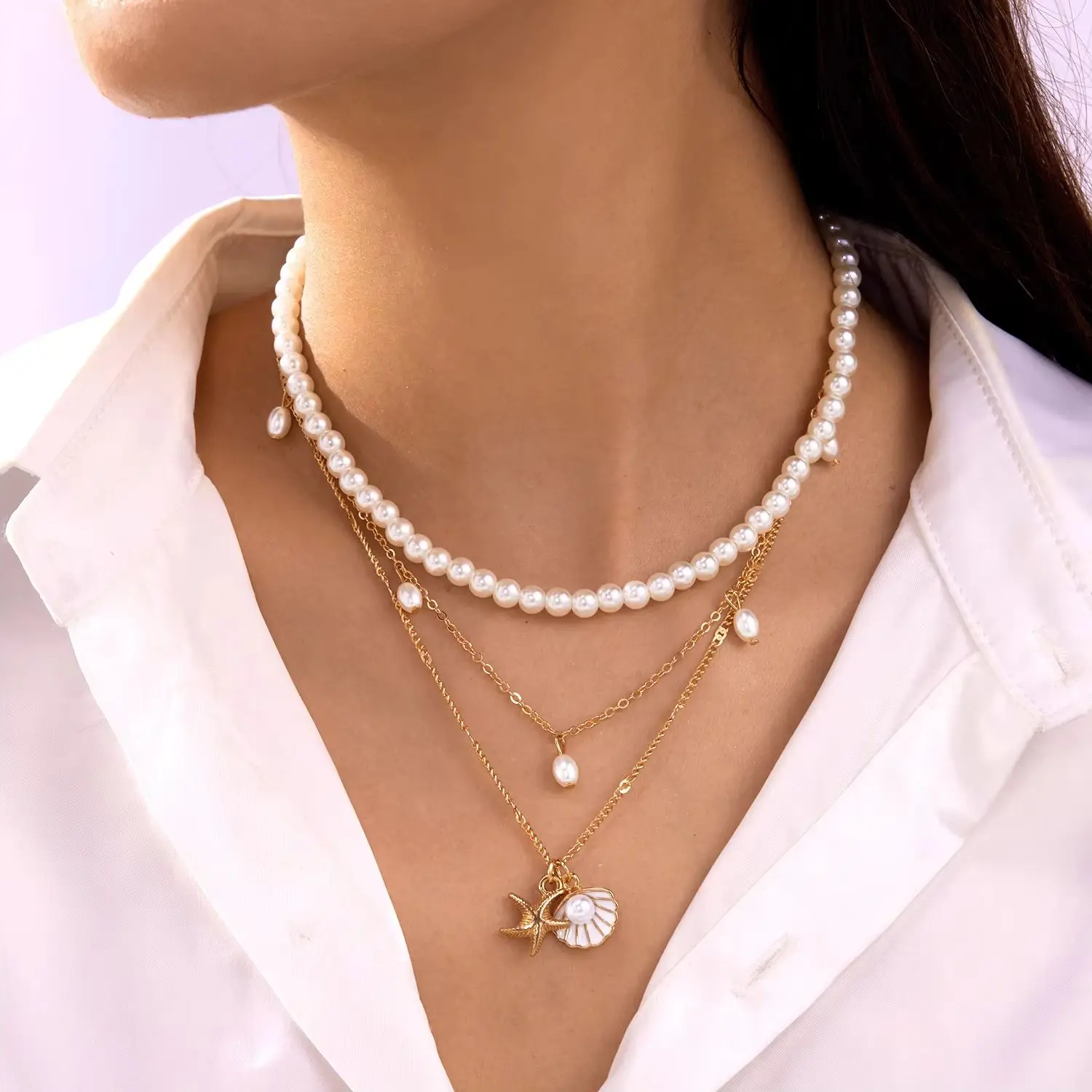 3 Pcs/Set Imitation Pearl Metal Shell Starfish Necklace for Women Ocean Style Pink Stone Beaded Choker Chain Beach Jewelry Gift