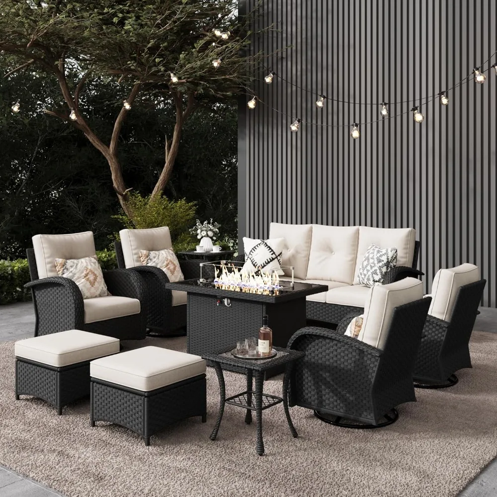 

10 Pieces Outdoor Patio Furniture Set with Fire Pit Table, Rattan Wicker Sectional Swivel Rocker Chairs Sets