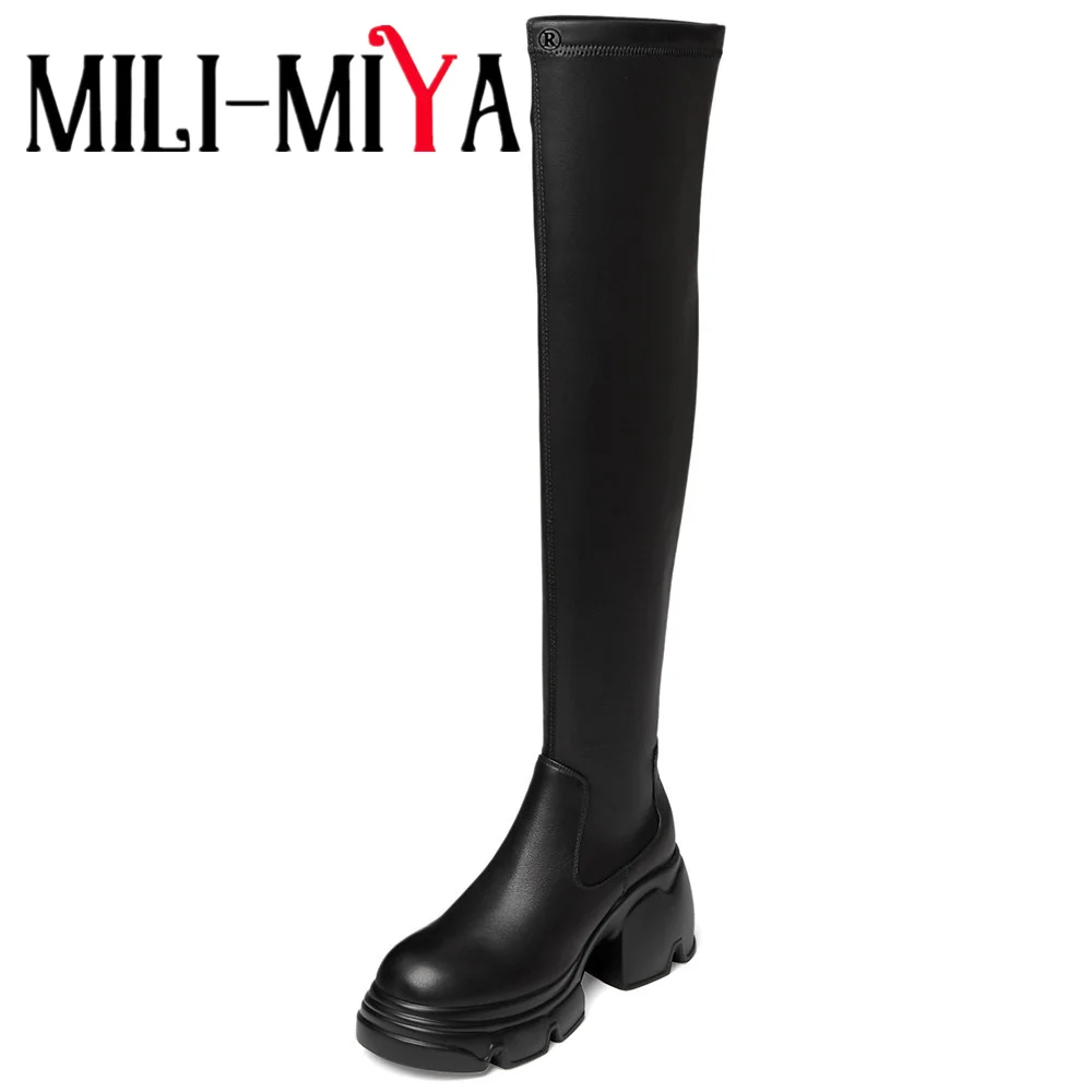 

MILI-MIYA Fashion Thick Heels Women Genuine Leather Over The Knee Boots Round Toe Slip On Solid Black Color Handmade For Ladies