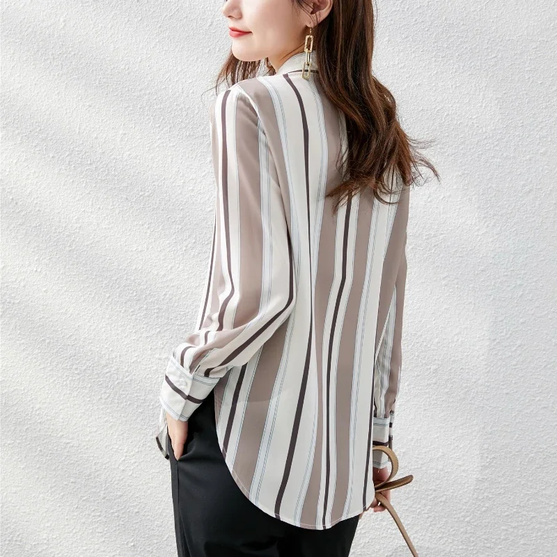 Chiffon Women Shirt Button Up Shirt Long Sleeve Blouse Korean Fashion Women Clothing OL Stripe Casual Shirts Basic Womens Tops