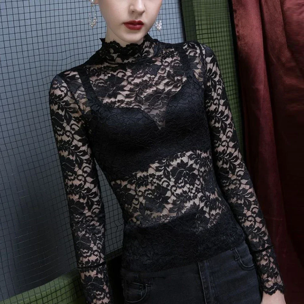 Y2K ยืดดอกไม้ลูกไม้ T เสื้อผู้หญิงกลีบแขนยาวเสื้อยืด S-3XL สีชมพูสีเขียวสีขาวสีดําแขนยาว Tees เสื้อผ้าสุภาพสตรี