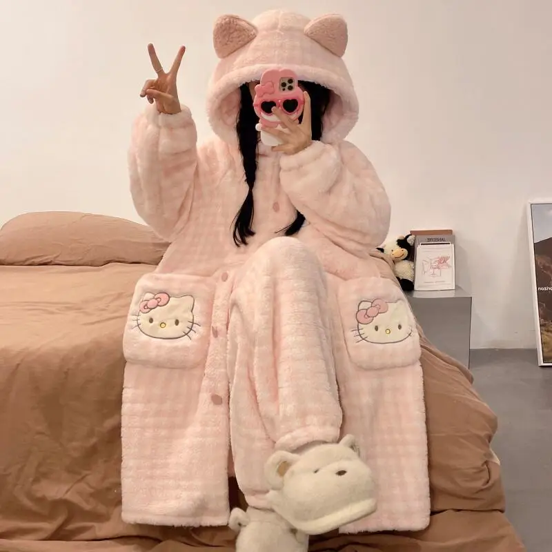 

Sanrio Hello Kitty Women's Cartoon Coral Fleece Robe Pajamas Winter New Plush Thickened Home Loungewear Cozy Sleepwear
