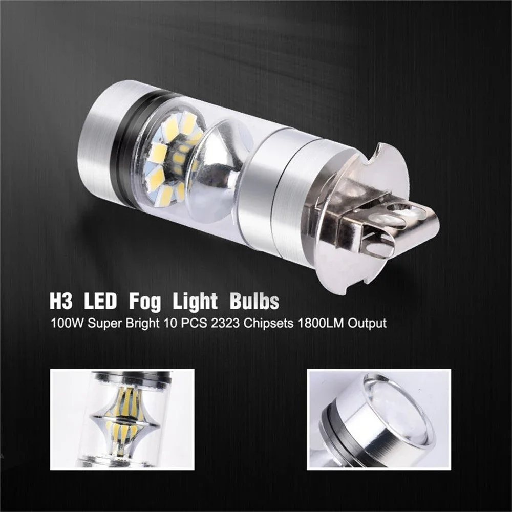 2Pcs 100W H1 H3 LED Fog Light Driving Bulb 12/24V Fog Lamp Headlamp 20SMD 10000LM White 6000K Car Headlight Car Accessories