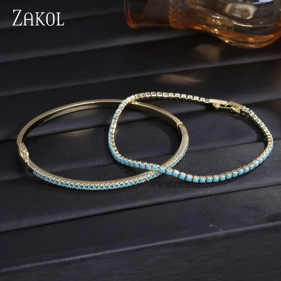 ZAKOL Exquisite Fashion Blue Turquoise Micro-set Zircon Women's Bracelet Two-piece Set Retro Elegant Wedding Party Jewelry Sets
