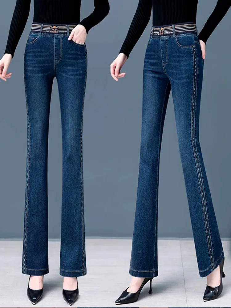 

Женские джинсы с высокой талией и эластичным поясом, новые весенне-осенние эластичные брюки-клеш, утягивающие женские расклешенные брюки