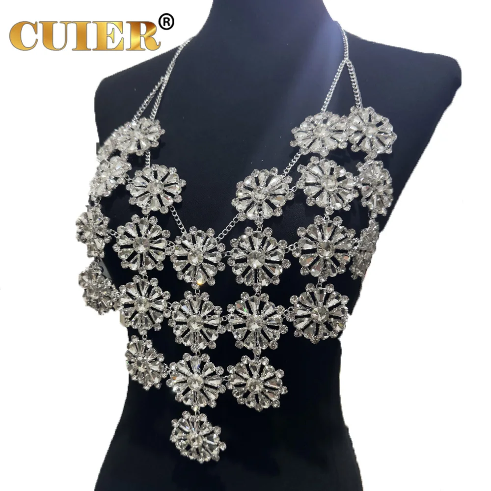 CUIER Weight 300g Crystal Flower Rhinestone Tops for Women Backless Sexy Body Chain Jewelry Bar Party Girls Dress Accessories